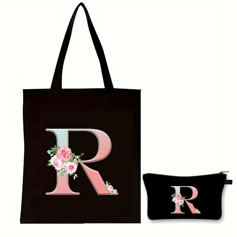 Rose Floral Letter Zipper Makeup Pouch Travel Essentials Storage Tote Bag Women Vintage Flower Alphabet Handbag Cosmetic Bag Set