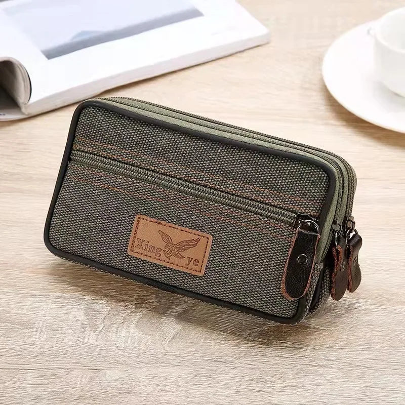 Wear-resistant canvas waist bag for men wearing belts, horizontal and vertical waist-hanging wallet, outdoor work waist bag
