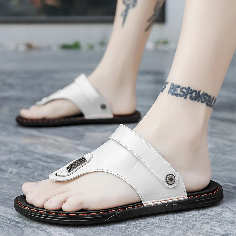 2025 New Men's Outerwear Beach Shoes, Korean-style Trendy Rubber Sandals, Summer Handmade Leather Sandals