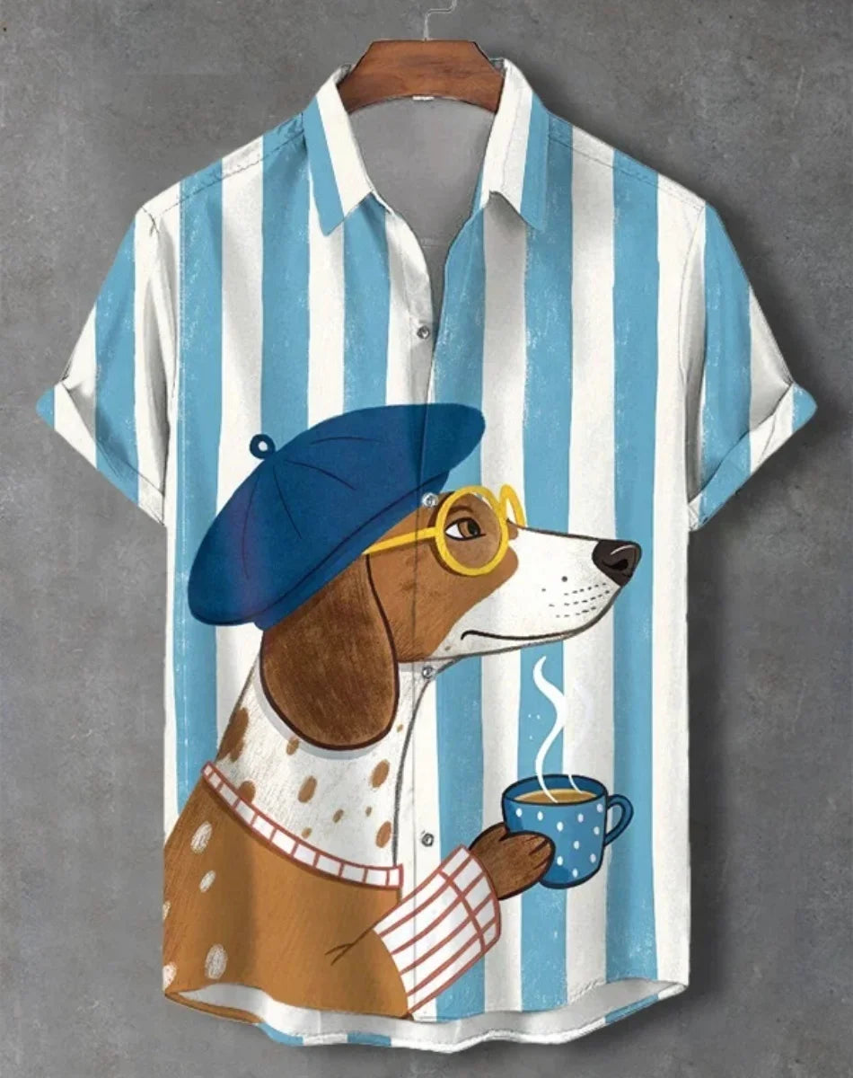New Men's Cat Animal Pattern Shirt Short Sleeve Button Lapel Shirt Summer Loose Tops Holiday Casual Hawaiian Shirt