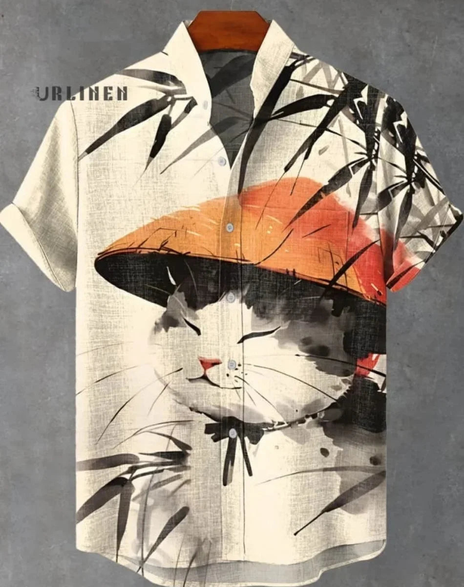 New Men's Cat Animal Pattern Shirt Short Sleeve Button Lapel Shirt Summer Loose Tops Holiday Casual Hawaiian Shirt