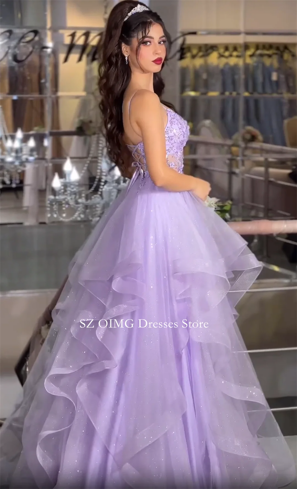 OIMG Dubai Mordern Spaghetti Straps Prom Dresses Sequined Tiered Evening Dress Tulle Women Evening Gowns Formal Party Dress