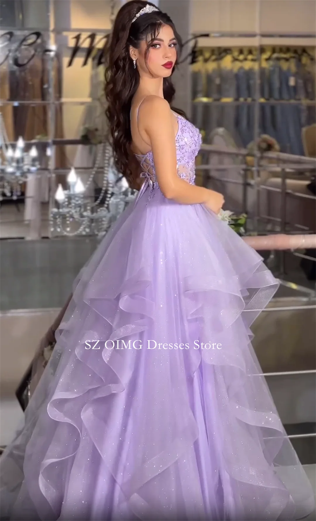 OIMG Dubai Mordern Spaghetti Straps Prom Dresses Sequined Tiered Evening Dress Tulle Women Evening Gowns Formal Party Dress