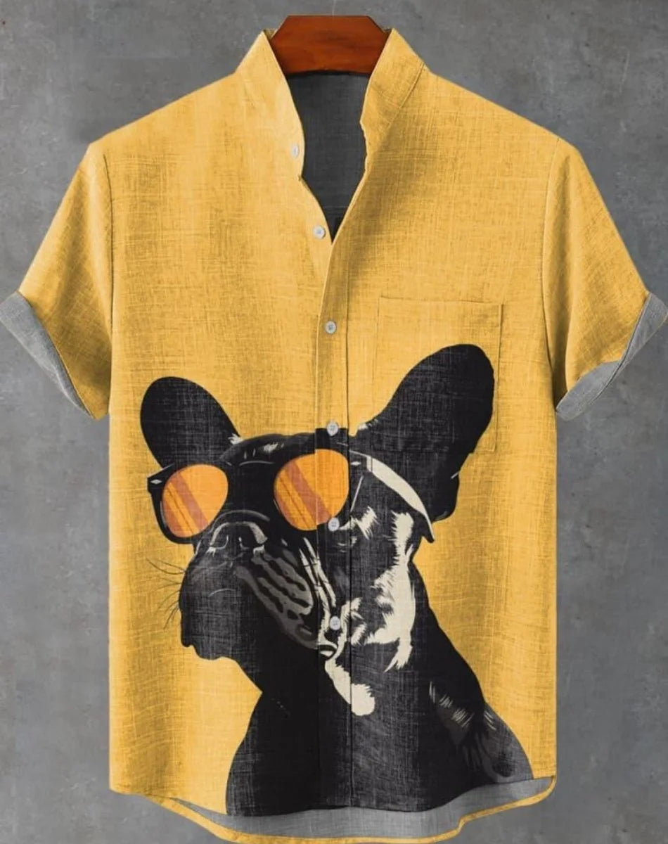 New Men's Cat Animal Pattern Shirt Short Sleeve Button Lapel Shirt Summer Loose Tops Holiday Casual Hawaiian Shirt