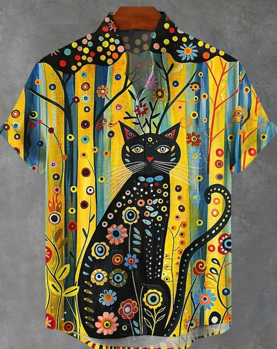 New Men's Cat Animal Pattern Shirt Short Sleeve Button Lapel Shirt Summer Loose Tops Holiday Casual Hawaiian Shirt