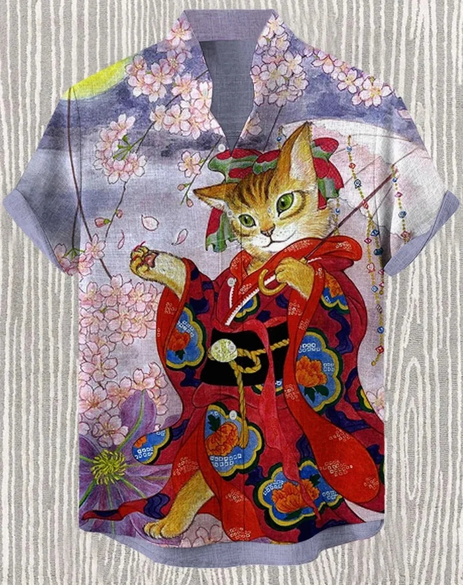 New Men's Cat Animal Pattern Shirt Short Sleeve Button Lapel Shirt Summer Loose Tops Holiday Casual Hawaiian Shirt
