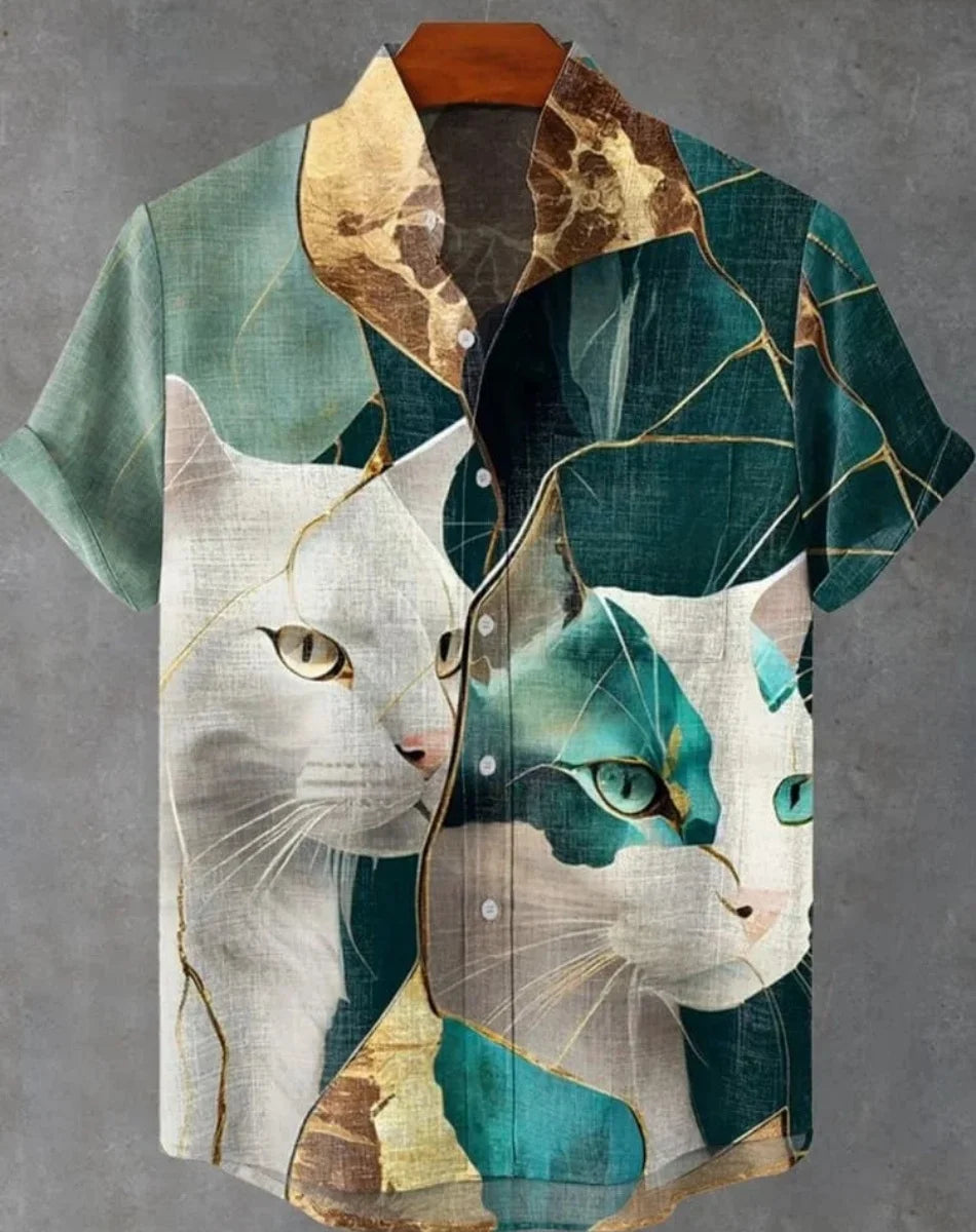 New Men's Cat Animal Pattern Shirt Short Sleeve Button Lapel Shirt Summer Loose Tops Holiday Casual Hawaiian Shirt