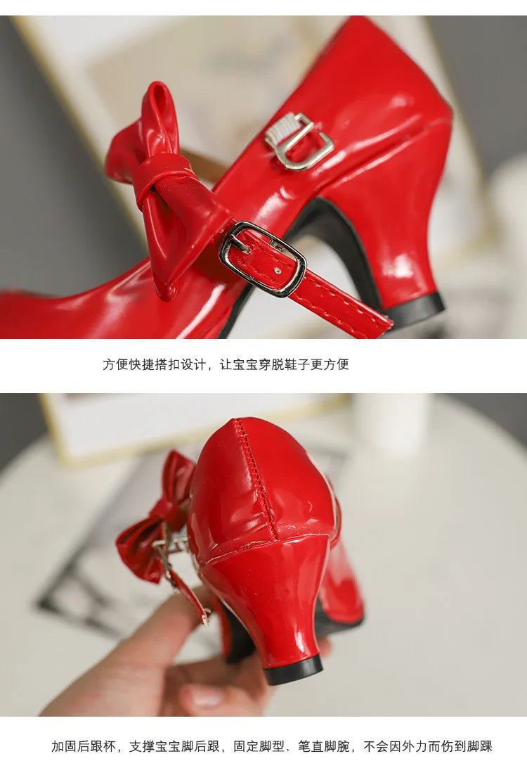 2024 New hot sale princess leather dance shoes girls party bow shoes shiny Solid Red color high-heeled fashion shoes for kids