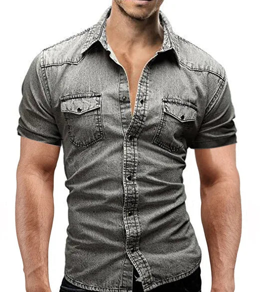 Men Summer Denim Thin Shirt Short Sleeve Soft Cotton Two Pockets Slim Slight Elastic Jeans Cowboy Shirt Clothing 2026