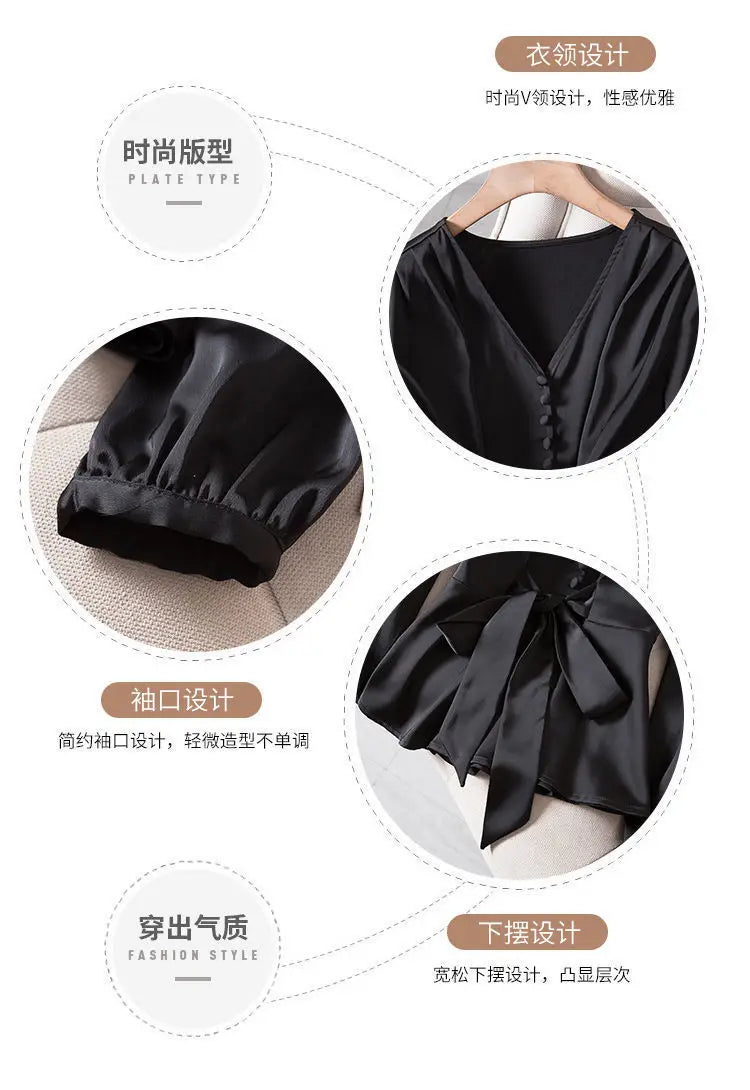 L-4XL Blouses Women Elegant Solid Black V-neck Design Button Bow Shirts High Street Fashion Slim Long Sleeve Tops Lady Clothing