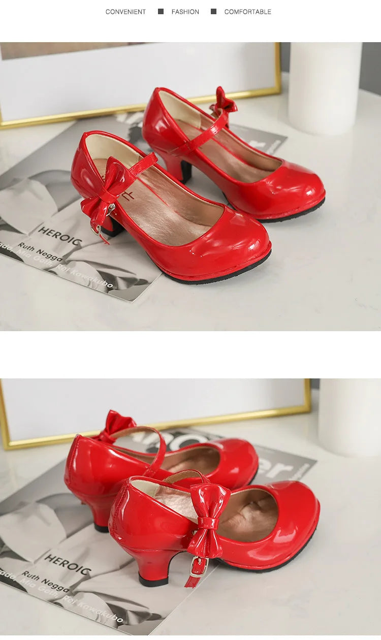 2024 New hot sale princess leather dance shoes girls party bow shoes shiny Solid Red color high-heeled fashion shoes for kids
