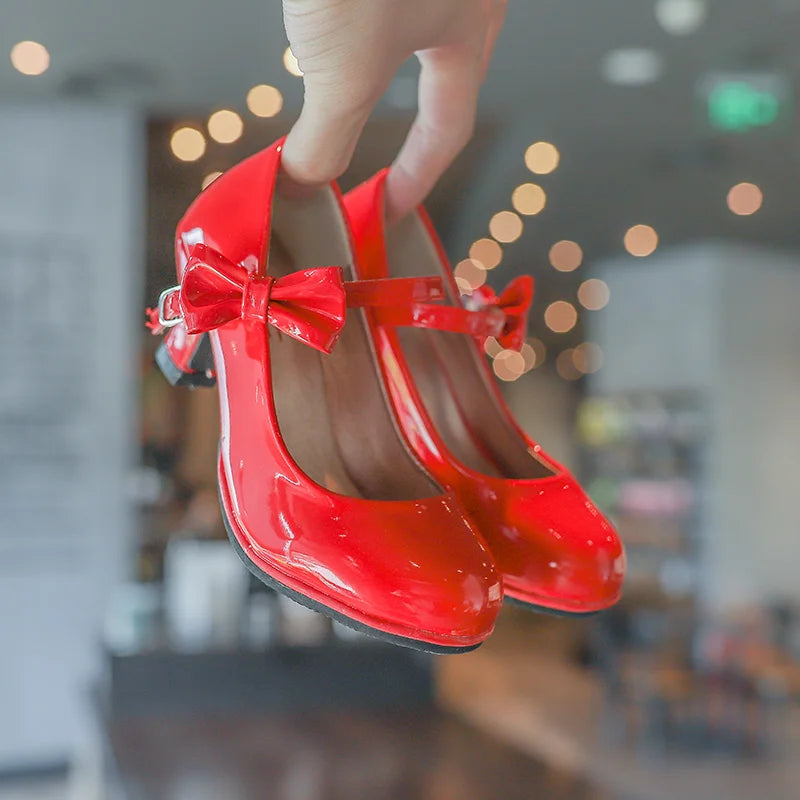 2024 New hot sale princess leather dance shoes girls party bow shoes shiny Solid Red color high-heeled fashion shoes for kids