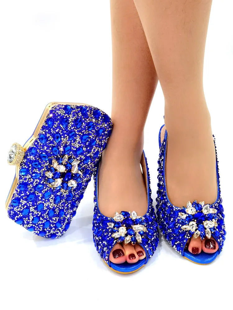 Ladies Italian Leather Shoe and Bag Set Blue Color Italian Shoe with Matching Bag Set 2022 Nigerian Shoes and Bag Set for Party