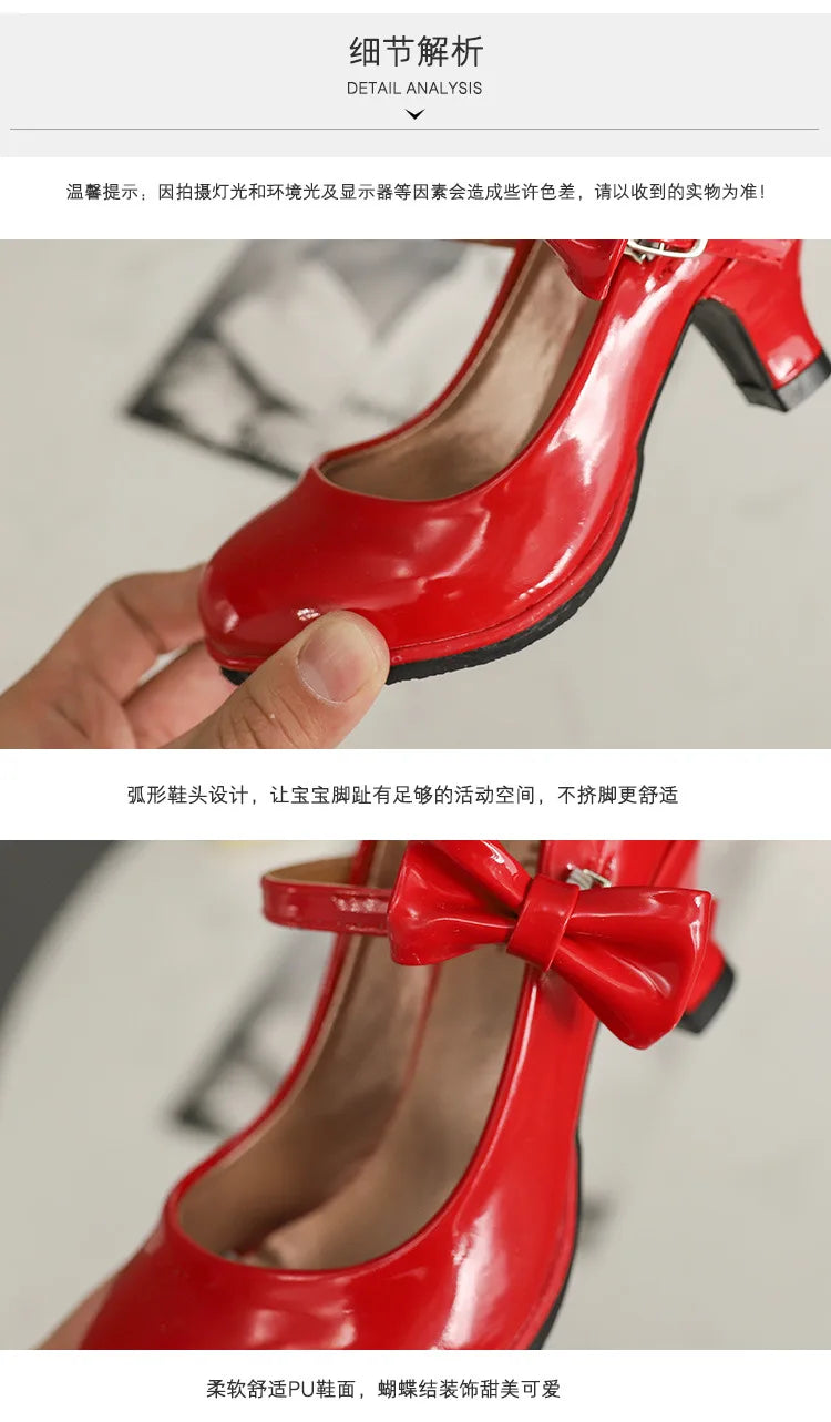 2024 New hot sale princess leather dance shoes girls party bow shoes shiny Solid Red color high-heeled fashion shoes for kids