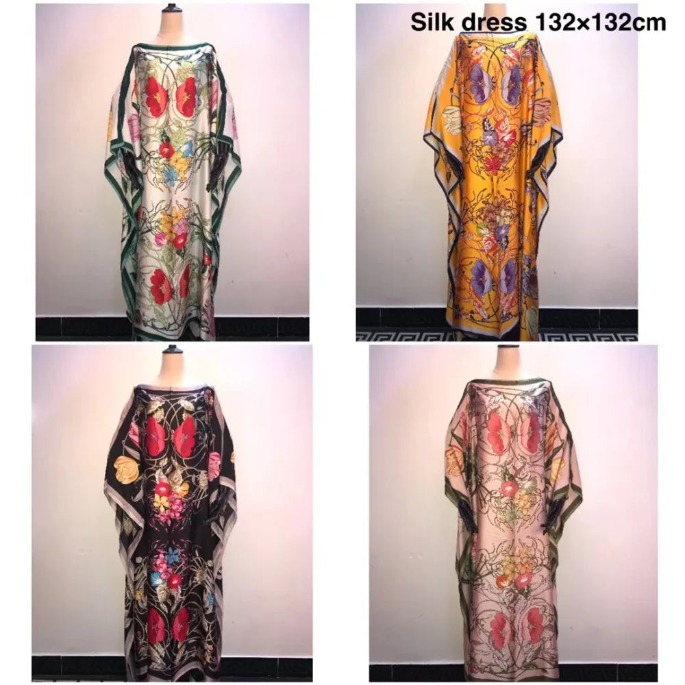 Summer New Fashion African Dresses For Women Elegant Printed Silk Muslim Lady Long Hijab Kaftan Dress Oversize Kuwait Abaya