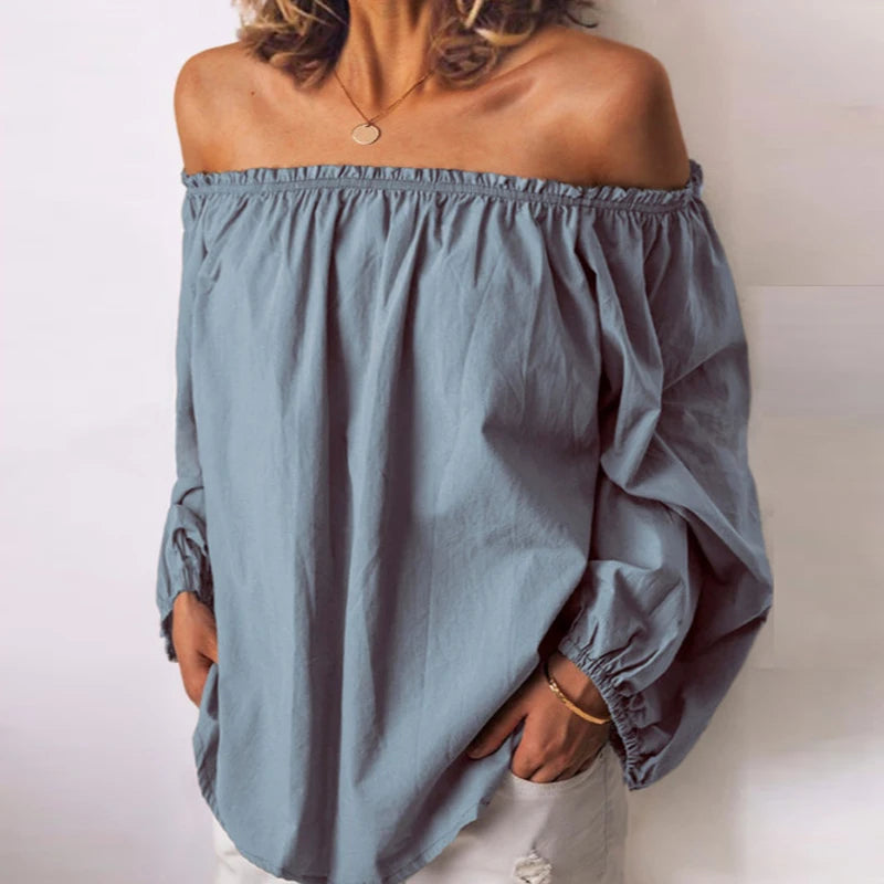 New Blouses Women Solid Casual Off Shoulder Blouse Shirt Tops Blouse Women One Neckline Pleated Elastic Lady's Shirt