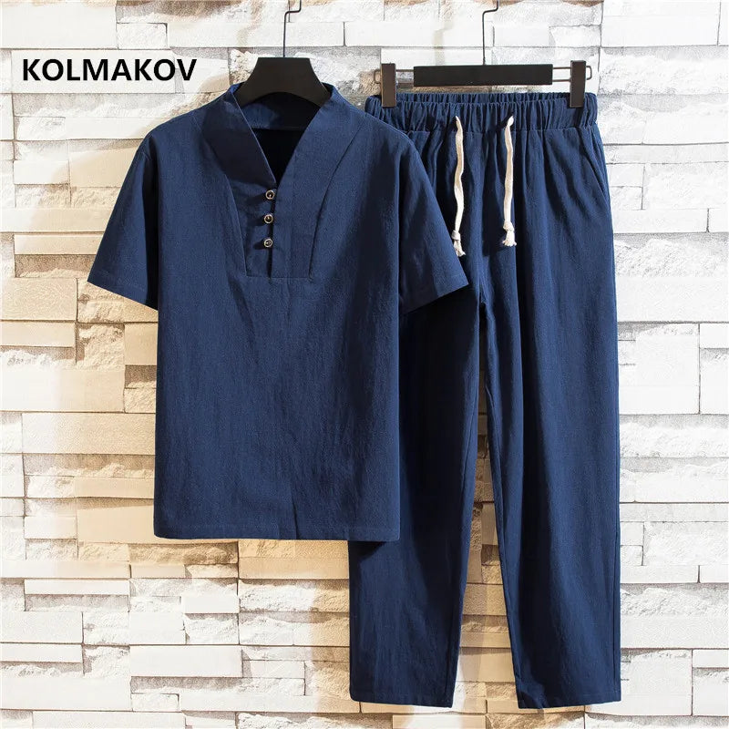 (Shirt + trousers) summer men shirt Man Cotton and linen shirts Short sleeve men's casual shirts men A set of clothes M-5XL