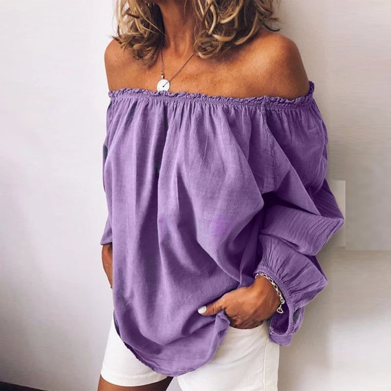 New Blouses Women Solid Casual Off Shoulder Blouse Shirt Tops Blouse Women One Neckline Pleated Elastic Lady's Shirt