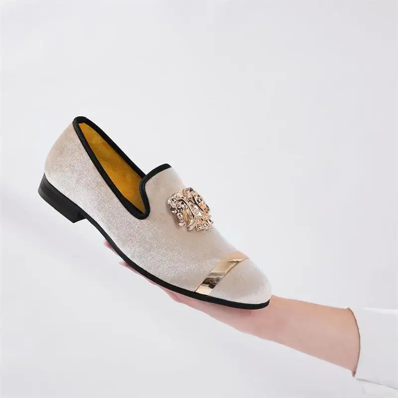 Men Party Dinner Formal Shoes Fashion Gentleman Wedding Dress Shoes for Men Casual Shoes Beige Velvet Loafers