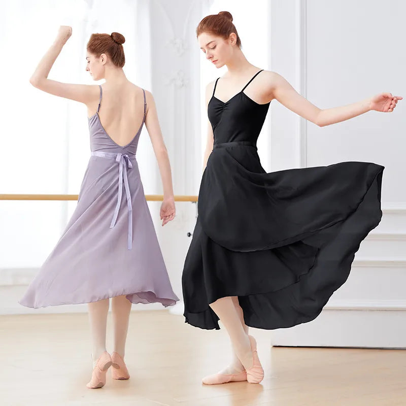 Dance Skirt Women Long Chiffon Ballet Skirts Adult Ballroom Dance Skirt Black Burgundy Ballet Costume Waist Tie Dress