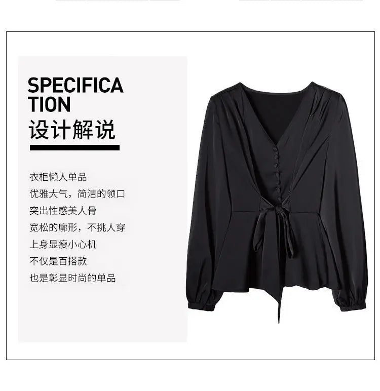 L-4XL Blouses Women Elegant Solid Black V-neck Design Button Bow Shirts High Street Fashion Slim Long Sleeve Tops Lady Clothing
