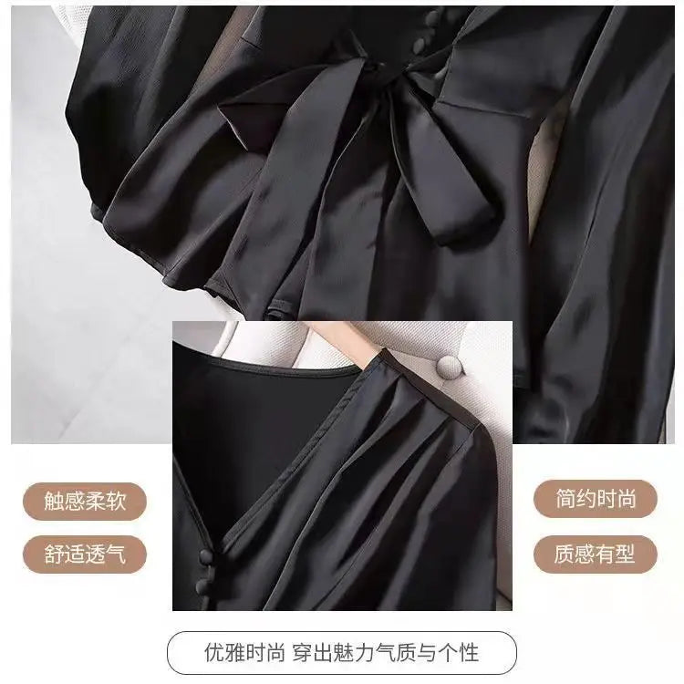 L-4XL Blouses Women Elegant Solid Black V-neck Design Button Bow Shirts High Street Fashion Slim Long Sleeve Tops Lady Clothing
