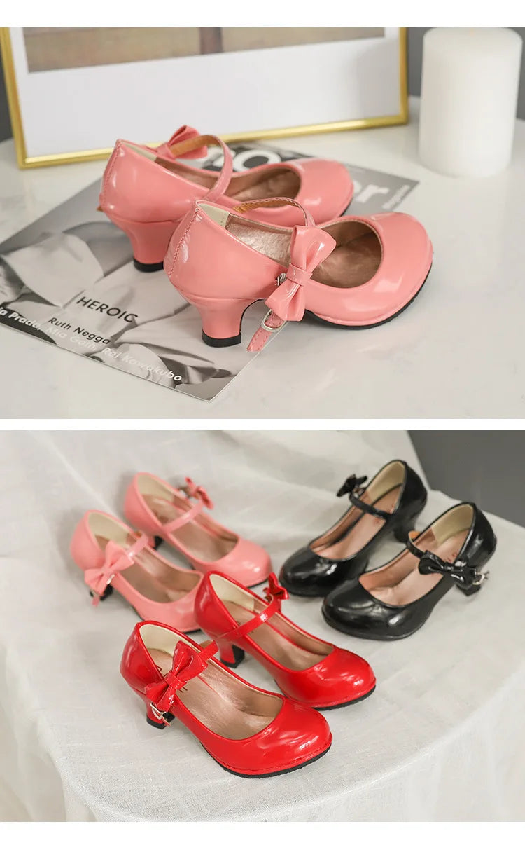 2024 New hot sale princess leather dance shoes girls party bow shoes shiny Solid Red color high-heeled fashion shoes for kids
