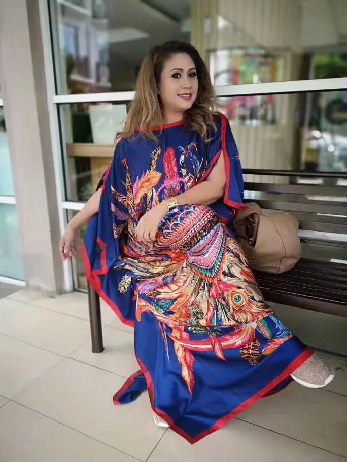 Summer New Fashion African Dresses For Women Elegant Printed Silk Muslim Lady Long Hijab Kaftan Dress Oversize Kuwait Abaya