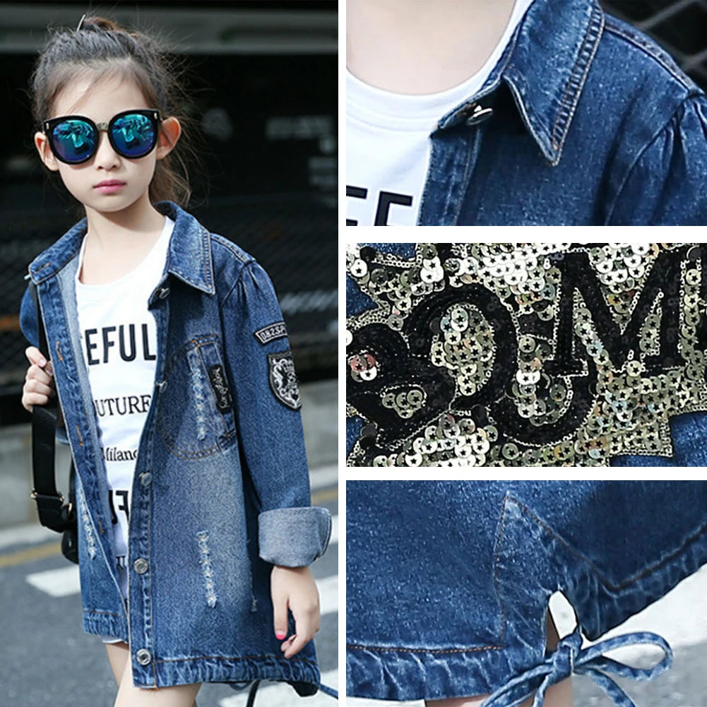 Girls Denim Jacket,Sequin Vintage Jeans Coats,Girls Jean Coat,Toddler Casual Windbreaker Cowboy Outerwear for Spring Autumn
