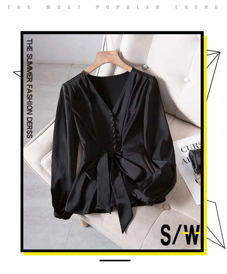 L-4XL Blouses Women Elegant Solid Black V-neck Design Button Bow Shirts High Street Fashion Slim Long Sleeve Tops Lady Clothing