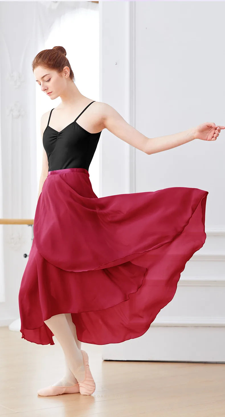 Dance Skirt Women Long Chiffon Ballet Skirts Adult Ballroom Dance Skirt Black Burgundy Ballet Costume Waist Tie Dress