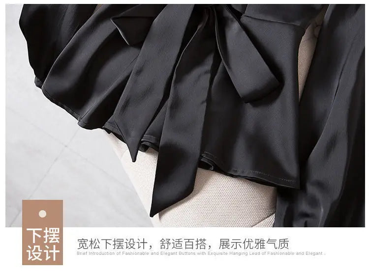 L-4XL Blouses Women Elegant Solid Black V-neck Design Button Bow Shirts High Street Fashion Slim Long Sleeve Tops Lady Clothing