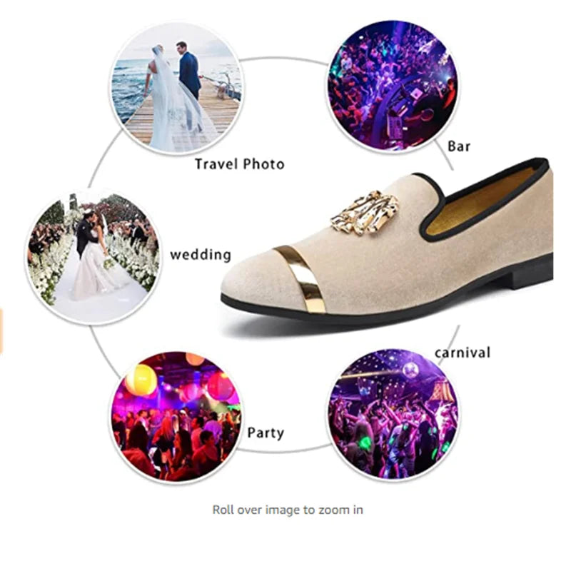 Men Party Dinner Formal Shoes Fashion Gentleman Wedding Dress Shoes for Men Casual Shoes Beige Velvet Loafers