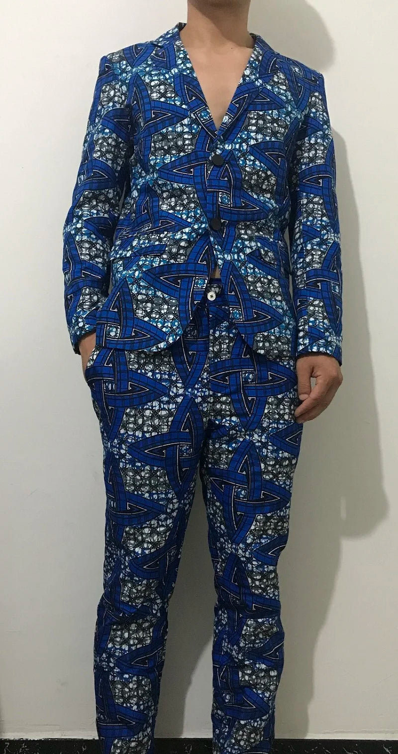African Party Suit Men Blazers+Trousers Original Design Colorful Print Nigerian Outfits Tailor Made Male Wedding Wear