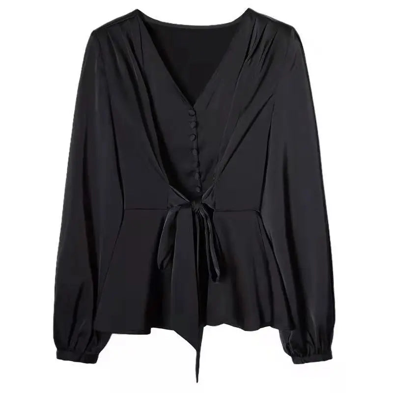 L-4XL Blouses Women Elegant Solid Black V-neck Design Button Bow Shirts High Street Fashion Slim Long Sleeve Tops Lady Clothing