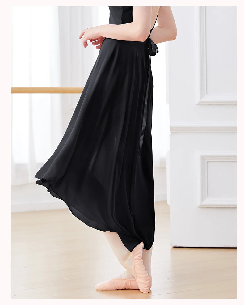 Dance Skirt Women Long Chiffon Ballet Skirts Adult Ballroom Dance Skirt Black Burgundy Ballet Costume Waist Tie Dress