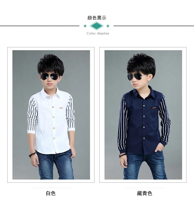 Boys Blouses And Shirts Children's Stripe Top 2024 Spring Autumn Casual White Polo Shirts Teenager School Brand Outerwear Cotton
