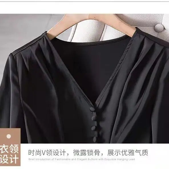 L-4XL Blouses Women Elegant Solid Black V-neck Design Button Bow Shirts High Street Fashion Slim Long Sleeve Tops Lady Clothing