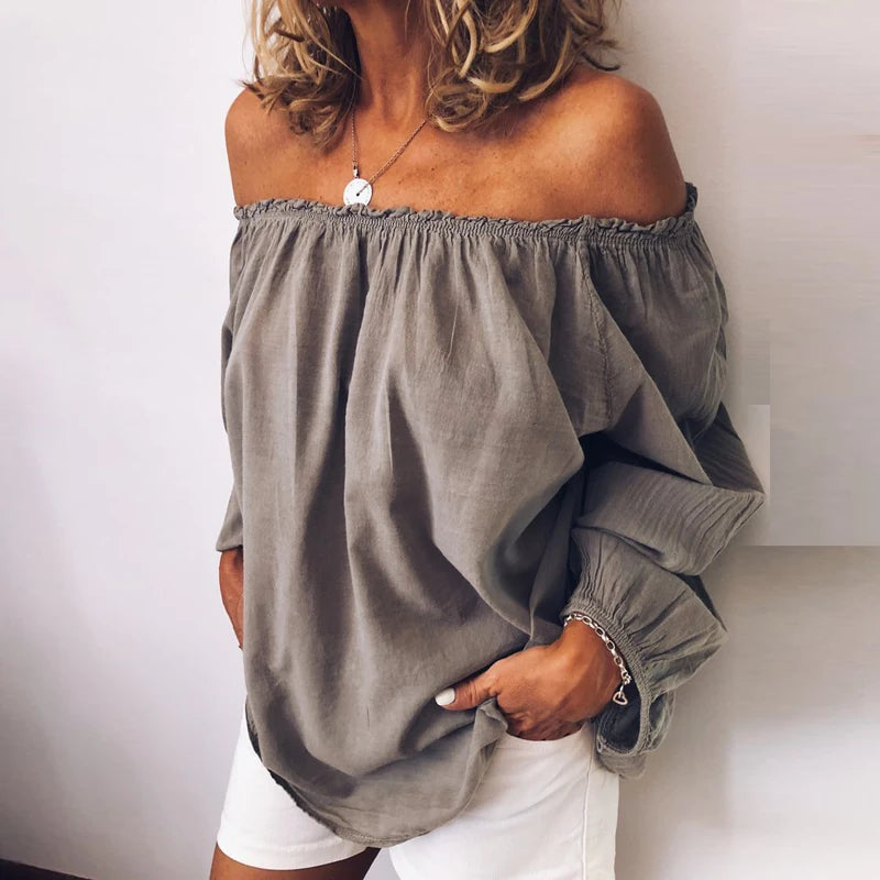 New Blouses Women Solid Casual Off Shoulder Blouse Shirt Tops Blouse Women One Neckline Pleated Elastic Lady's Shirt