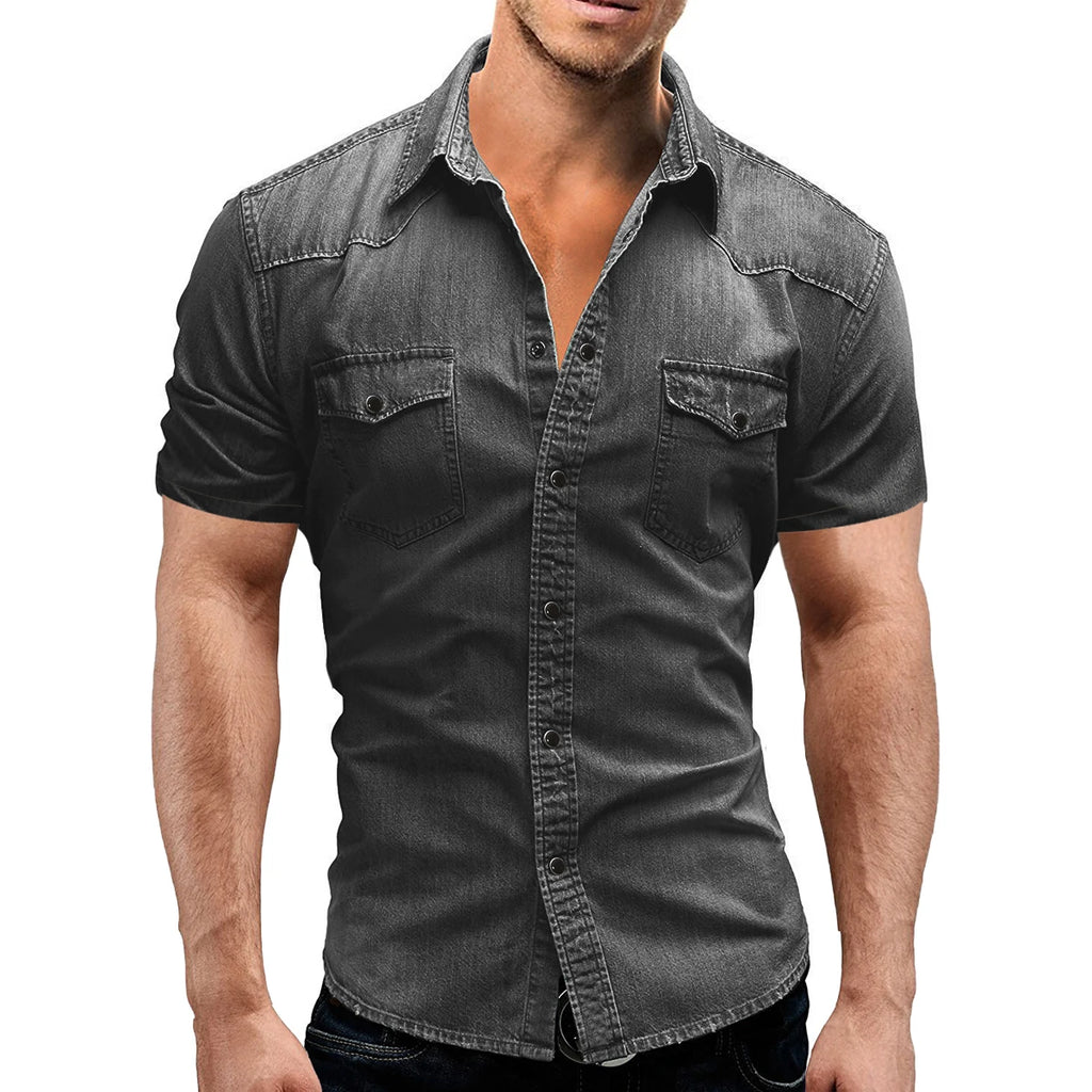 Men Summer Denim Thin Shirt Short Sleeve Soft Cotton Two Pockets Slim Slight Elastic Jeans Cowboy Shirt Clothing 2026