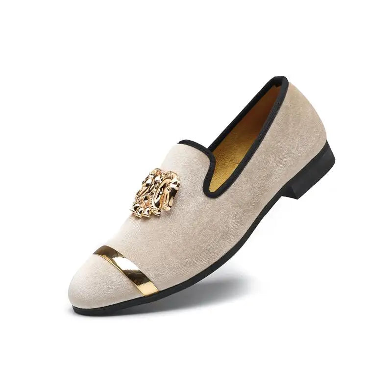 Men Party Dinner Formal Shoes Fashion Gentleman Wedding Dress Shoes for Men Casual Shoes Beige Velvet Loafers