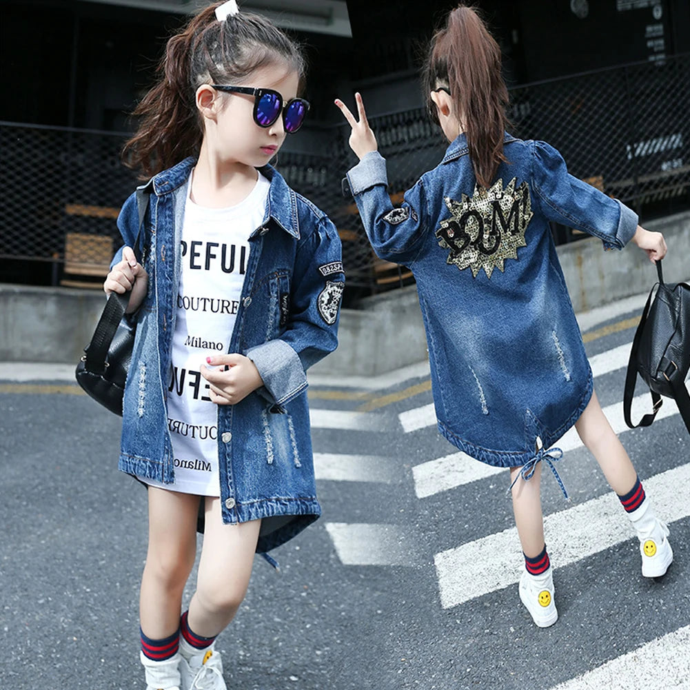 Girls Denim Jacket,Sequin Vintage Jeans Coats,Girls Jean Coat,Toddler Casual Windbreaker Cowboy Outerwear for Spring Autumn
