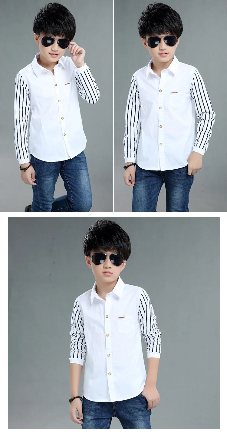 Boys Blouses And Shirts Children's Stripe Top 2024 Spring Autumn Casual White Polo Shirts Teenager School Brand Outerwear Cotton