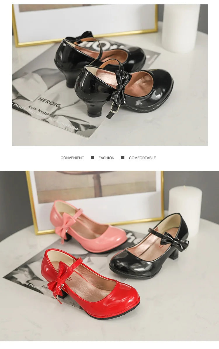 2024 New hot sale princess leather dance shoes girls party bow shoes shiny Solid Red color high-heeled fashion shoes for kids