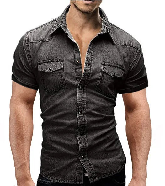 Men Summer Denim Thin Shirt Short Sleeve Soft Cotton Two Pockets Slim Slight Elastic Jeans Cowboy Shirt Clothing 2026