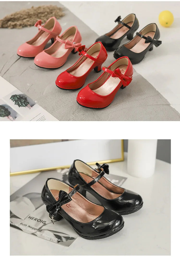 2024 New hot sale princess leather dance shoes girls party bow shoes shiny Solid Red color high-heeled fashion shoes for kids