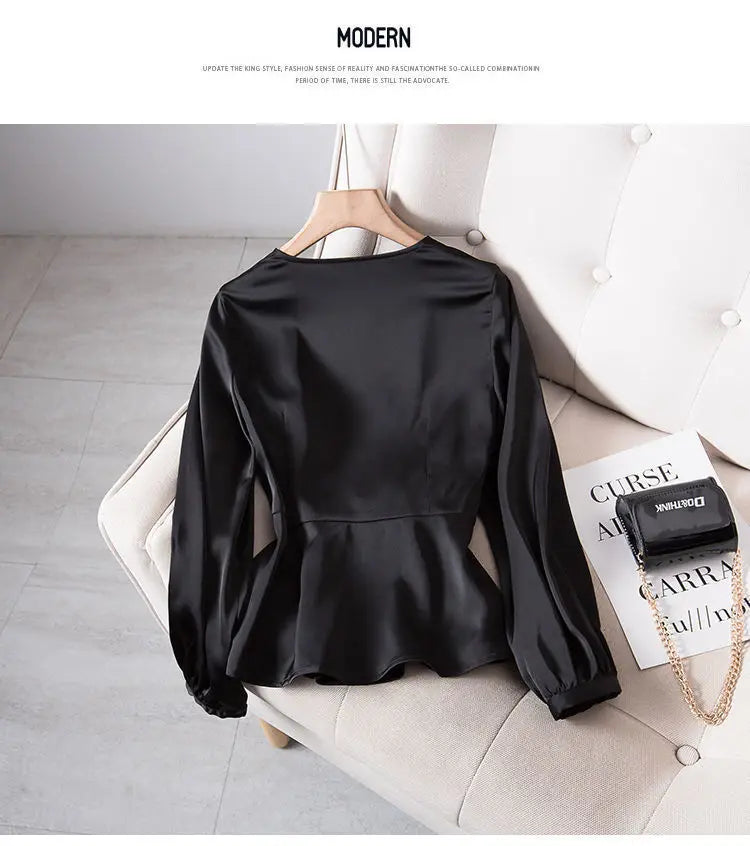 L-4XL Blouses Women Elegant Solid Black V-neck Design Button Bow Shirts High Street Fashion Slim Long Sleeve Tops Lady Clothing