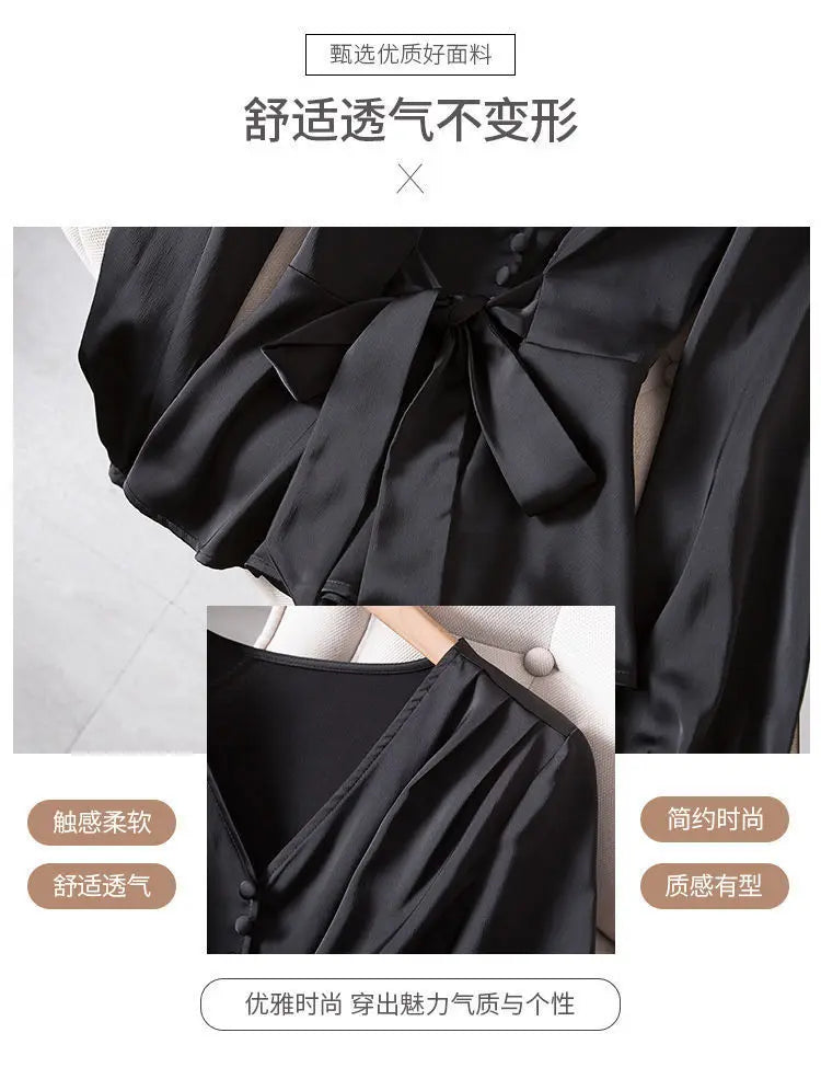 L-4XL Blouses Women Elegant Solid Black V-neck Design Button Bow Shirts High Street Fashion Slim Long Sleeve Tops Lady Clothing