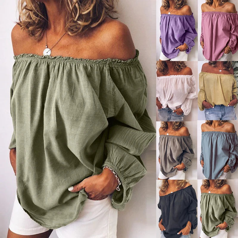 New Blouses Women Solid Casual Off Shoulder Blouse Shirt Tops Blouse Women One Neckline Pleated Elastic Lady's Shirt