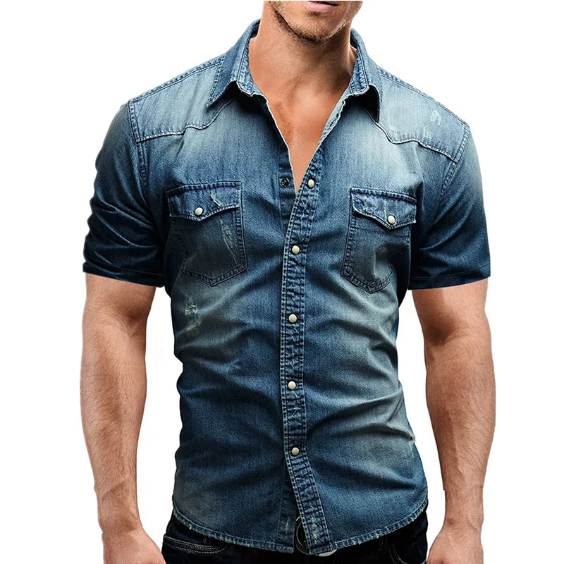 Men Summer Denim Thin Shirt Short Sleeve Soft Cotton Two Pockets Slim Slight Elastic Jeans Cowboy Shirt Clothing 2026